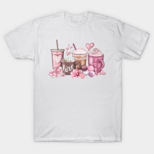 Coffee Valentine, Valentines Day, Hand Drawn, Valentine, Coffee Lover, Pink Coffee cups T-Shirt